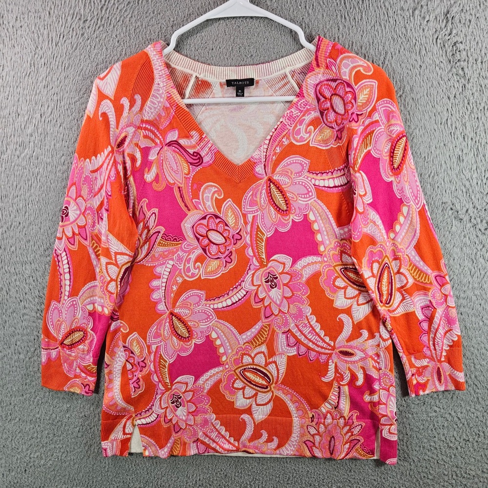 Talbots‎ Women's Orange Pink Paisley V Neck 3/4 Sleeve Sweater Knit Top XS